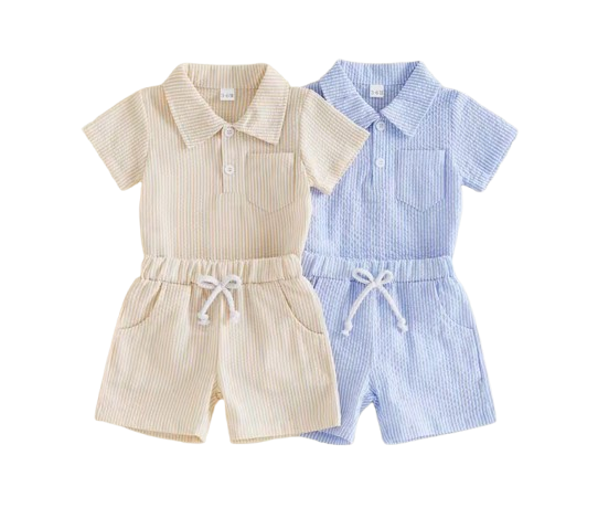The Hezekiah - Baby Boy Short Sleeve Lapel Neck Striped Print Romper and Elastic Waist Shorts