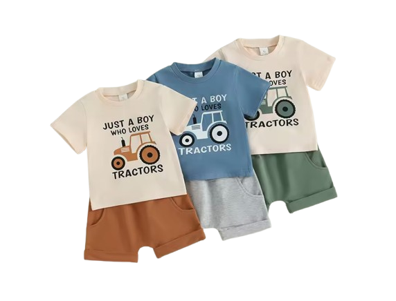The Moshe - Baby Boy Tractor "Just A Boy Who Loves Tractors" Letter Print Round Neck Short Sleeve Tops with Solid Shorts