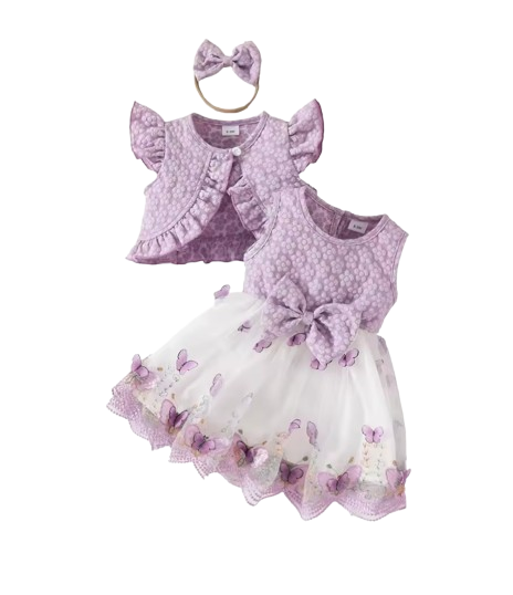 The Madilyn - Baby Girl Purple Long Sleeve Ruffles Bow Butterfly Party Dress