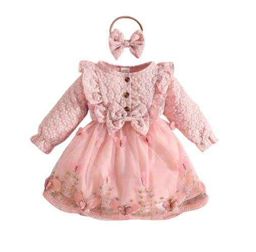 The Madilyn - Baby Girl Pink Long Sleeve Ruffles Bow Butterfly Party Dress