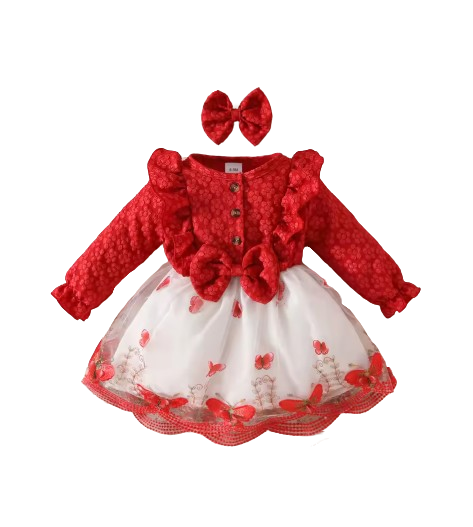 The Madilyn - Baby Girl Red Long Sleeve Ruffles Bow Butterfly Party Dress
