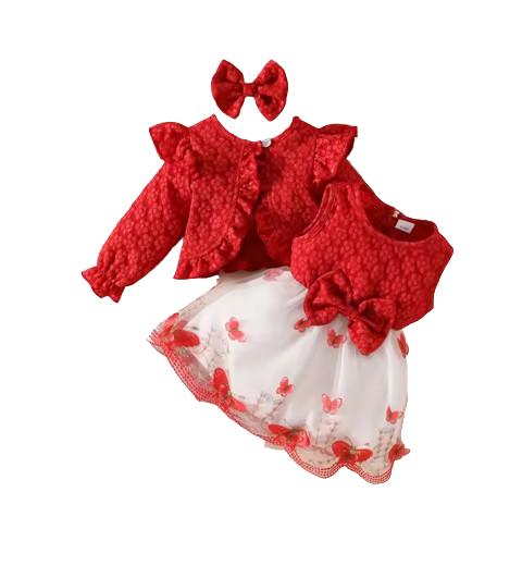 The Madilyn - Baby Girl Red Long Sleeve Ruffles Bow Butterfly Party Dress