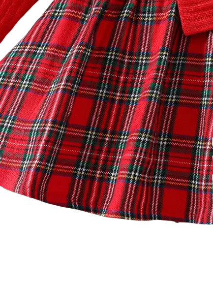 The Gracelyn - Baby Girl Plaid Dress Set with Bow Headband Ruffle Sleeve Ribbed Top
