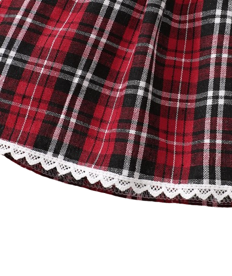 The Maren - Baby Girl Red Plaid Patchwork Groove Lace Design Bow Dress and Headband