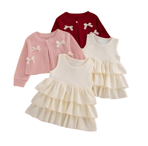 The Alexandria - Baby Girl Red Bow Knit Red Coat with Sleeveless Cake Dress