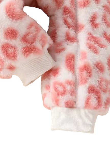 The Tru - Baby Unisex Cute Light Pink Plush Leopard‑Print Hooded Jumpsuit for Autumn & Winter