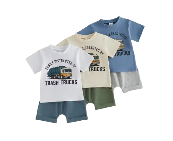 The Lachlan - Toddler Boys Summer Outfit – Letter Garbage Truck Print Short Sleeve T‑Shirt & Elastic Waist Shorts 2‑Piece Set