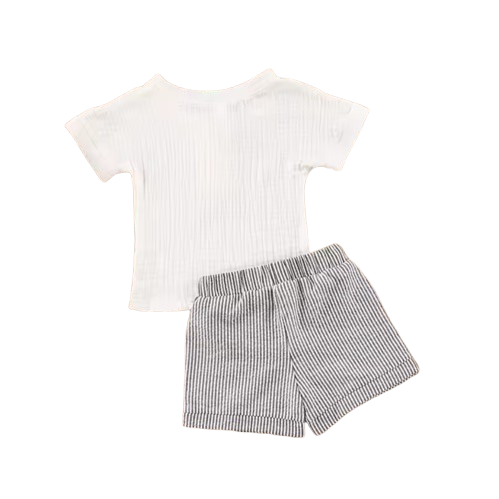 Baby Summer Clothes Set – Solid White Short Sleeve T‑Shirt + Stripe Drawstring Shorts (0‑36M)