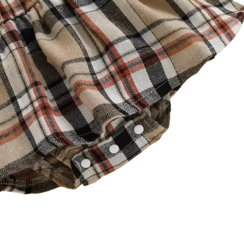 The Arlette - Newborn Baby Girl Spring/Fall Outfit – Long Sleeve Plaid Skirt Romper + Headband & Socks Set