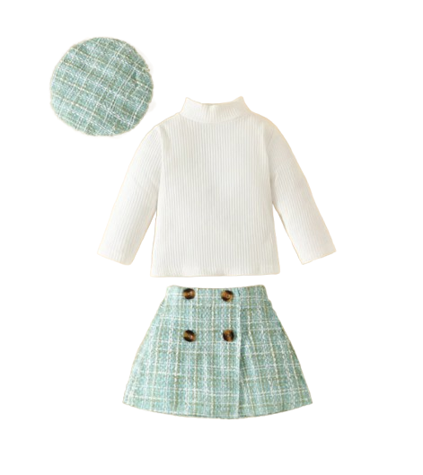 The Mariam - Baby Girl Knit Long Sleeve Top Plaid Skirt Hat Set Toddler Fall Spring Outfit