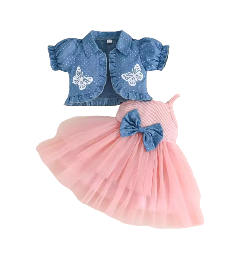 The Priscilla - 2pcs Baby Girl Denim Butterfly Coat and Mesh Princess Dress Outfit