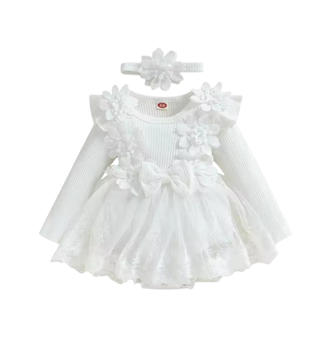 The Lilian - Baby Girl 2‑Piece Outfit Mesh Dress Romper with 3D Flower Bow and Headband