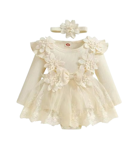 The Lilian - Baby Girl 2‑Piece Outfit Mesh Dress Romper with 3D Flower Bow and Headband