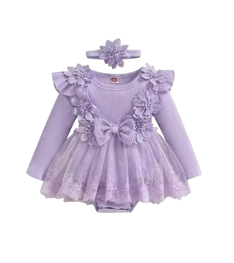 The Lilian - Baby Girl 2‑Piece Outfit Mesh Dress Romper with 3D Flower Bow and Headband