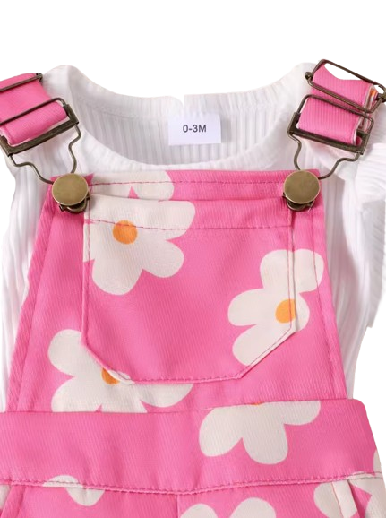The Emelia - Baby Girl 2PCS Floral Overall Pants with Short Sleeve Hoodie Outfit