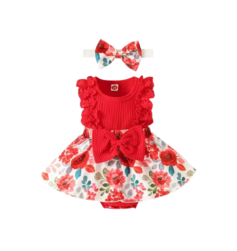 The Marie - Newborn Baby Girl Floral Print Lace Romper with Headband Summer Outfit