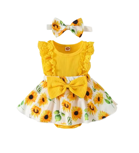 The Marie - Newborn Baby Girl Floral Print Lace Romper with Headband Summer Outfit