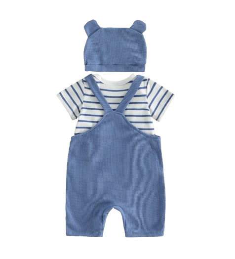 The Nathanael - Baby Boy 3PCS Striped Romper Overall Pants & Hat Summer Outfit