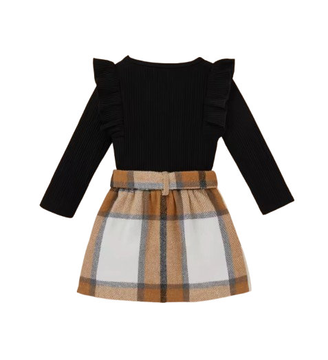 The Katie - Toddler Girl 2PCS Ribbed Knit Top & Plaid Bow Skirt Outfit Set