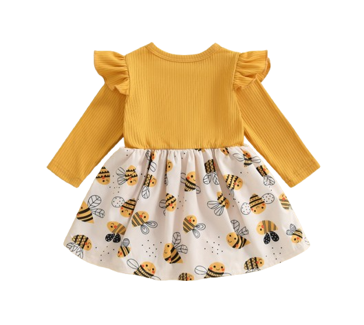 The Thalia - Baby Girl Bee Print Dress Long Sleeve Ruffle Bow Autumn Outfit
