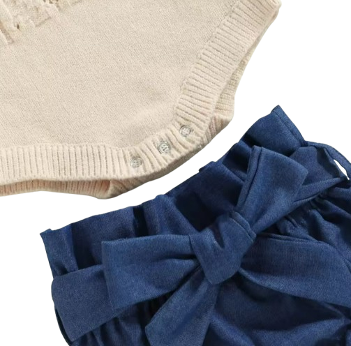 The Isabela - Baby Girl 3PCS Halter Knit Romper Denim Shorts & Headband Summer Set