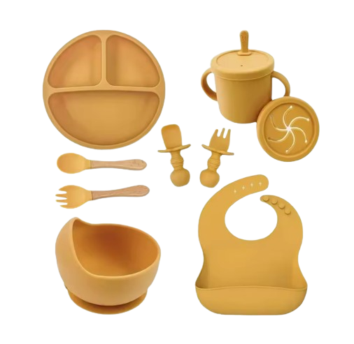 The Azriel - Baby Silicone 9 Pcs Feeding Set Suction Plate Bowl Cup & Wooden Spoon Fork