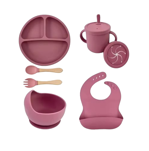 The Azriel - Baby Silicone 7Pcs Feeding Set Suction Plate Bowl Cup & Wooden Spoon Fork