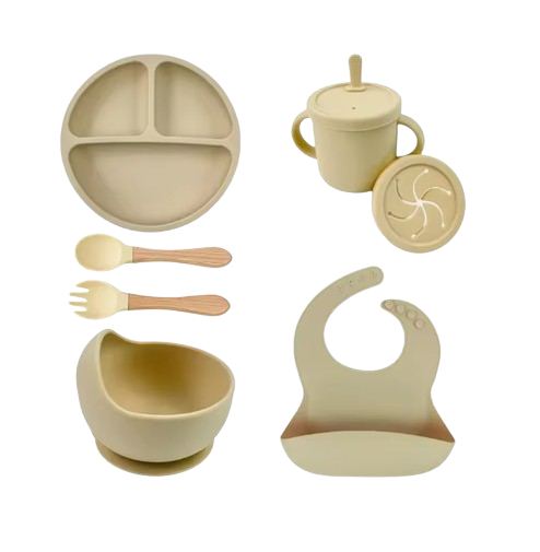 The Azriel - Baby Silicone 7Pcs Feeding Set Suction Plate Bowl Cup & Wooden Spoon Fork