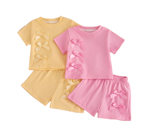 The Yaretzi - Baby Girl Bow Top & Shorts Set Summer Short Sleeve Solid Color 2PCS Beach Outfit