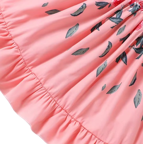 The Rosalina - Girls Pink Rose Print Summer Dress Casual Vacation Party Princess Outfit