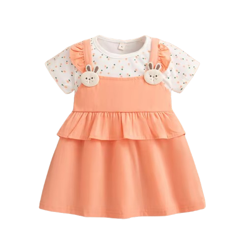 The Lara - Baby Girl Summer Floral Bunny Print Dress Cute Fake Two Piece Princess Outfit