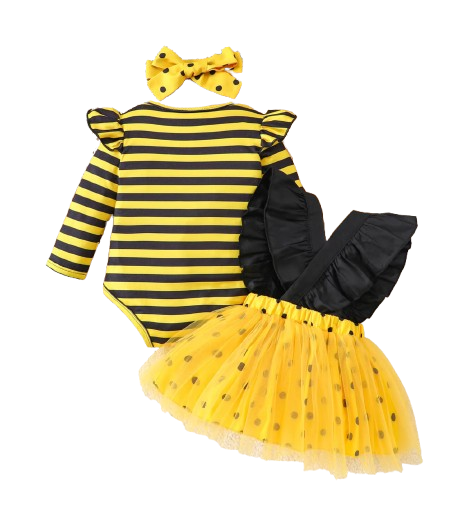 The Martha - Baby Girl 3-Piece Bee Outfit Set – Yellow Striped Bodysuit, Mesh Suspender Dress & Headwear