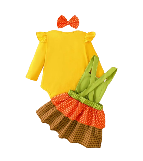 The Martha - Baby Girl 3-Piece Bee Outfit Set – Yellow Striped Bodysuit, Mesh Suspender Dress & Headwear
