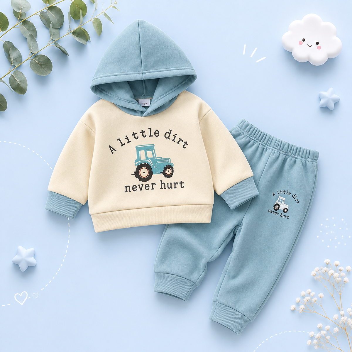 The Yousef - Baby Boy 2-Piece Truck Print Sweatshirt and Pants Set for Autumn