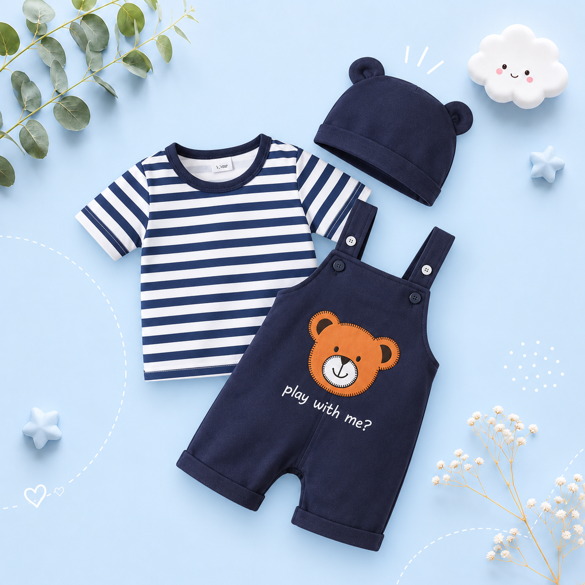 The Wes - 3-Piece Baby Boy Summer Outfit, Striped Shirt, Bear Overalls and Hat