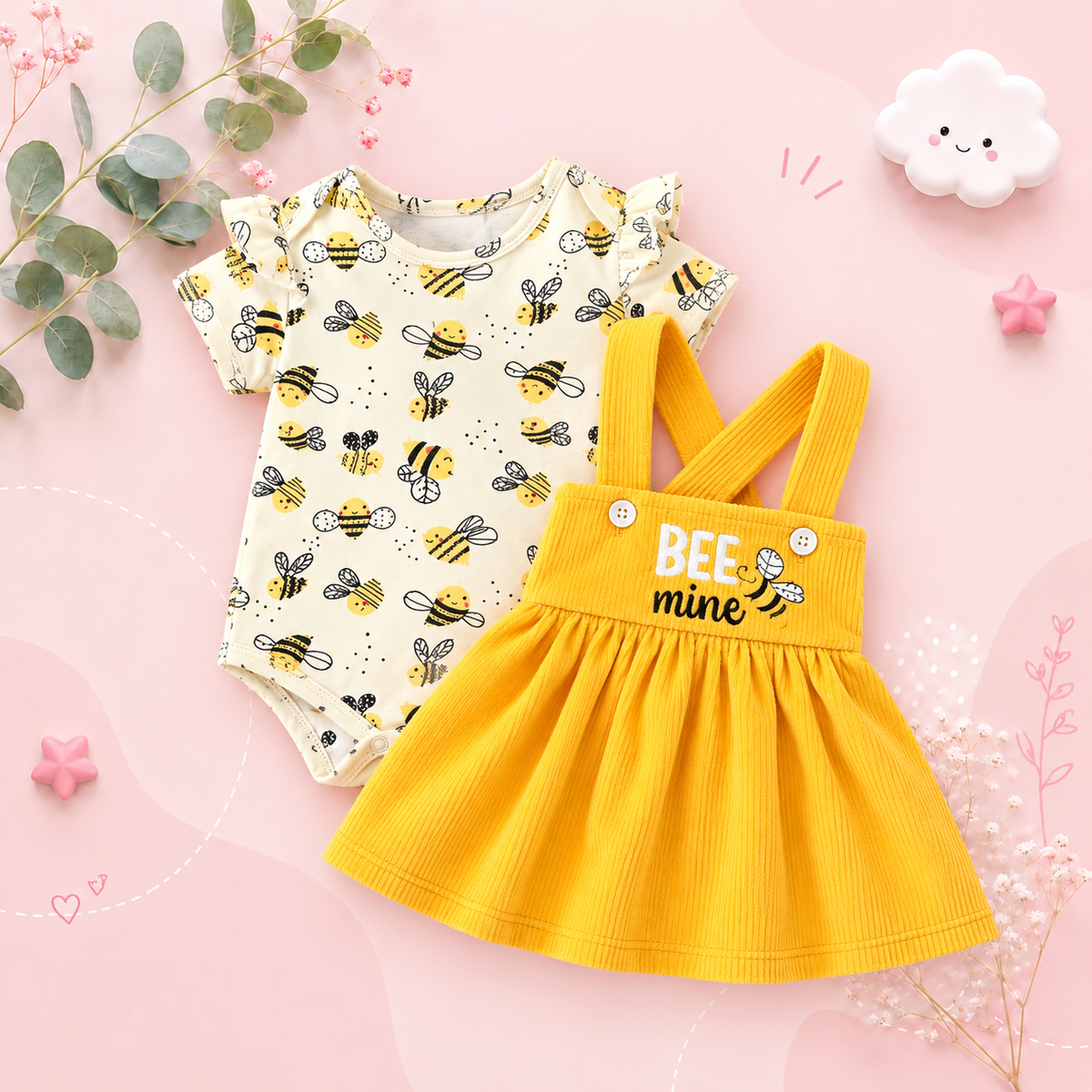 The Mckinley - Baby Girl 2-Piece Bee Outfit Set – Short Sleeve Printed Romper & Suspender Skirt | Summer Outfit