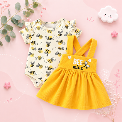 The Mckinley - Baby Girl 2-Piece Bee Outfit Set – Short Sleeve Printed Romper & Suspender Skirt | Summer Outfit