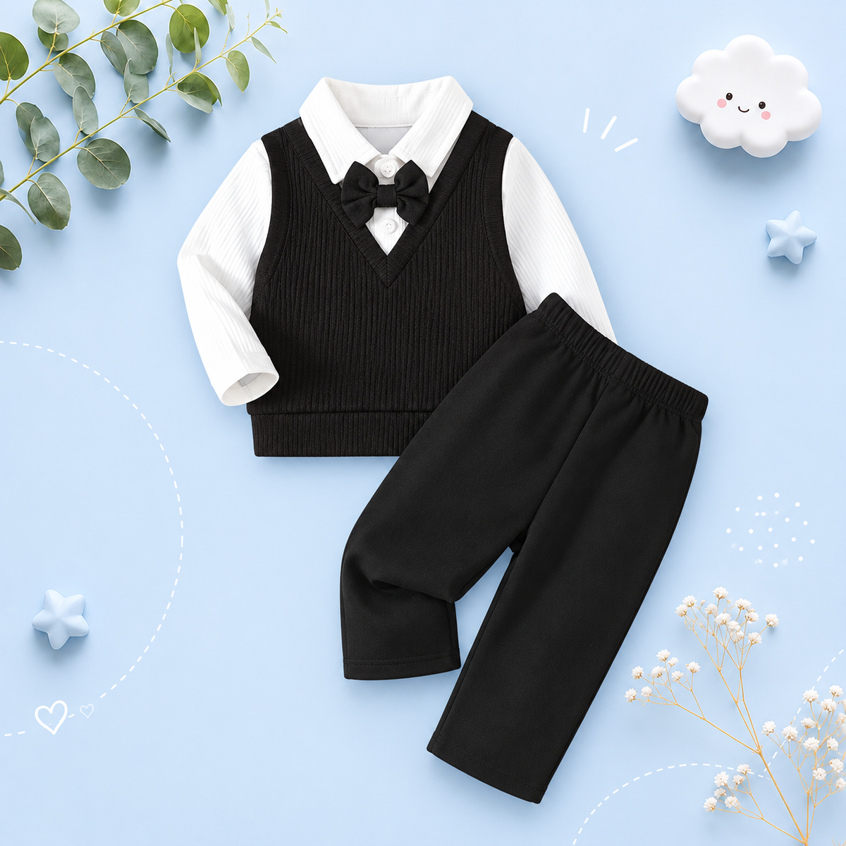 The Kenai - 2PCS Baby Boy Formal Shirt and Black Pants Set, Autumn Winter Outfit