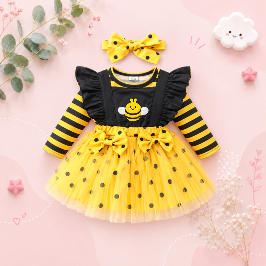 The Martha - Baby Girl 3-Piece Bee Outfit Set – Yellow Striped Bodysuit, Mesh Suspender Dress & Headwear