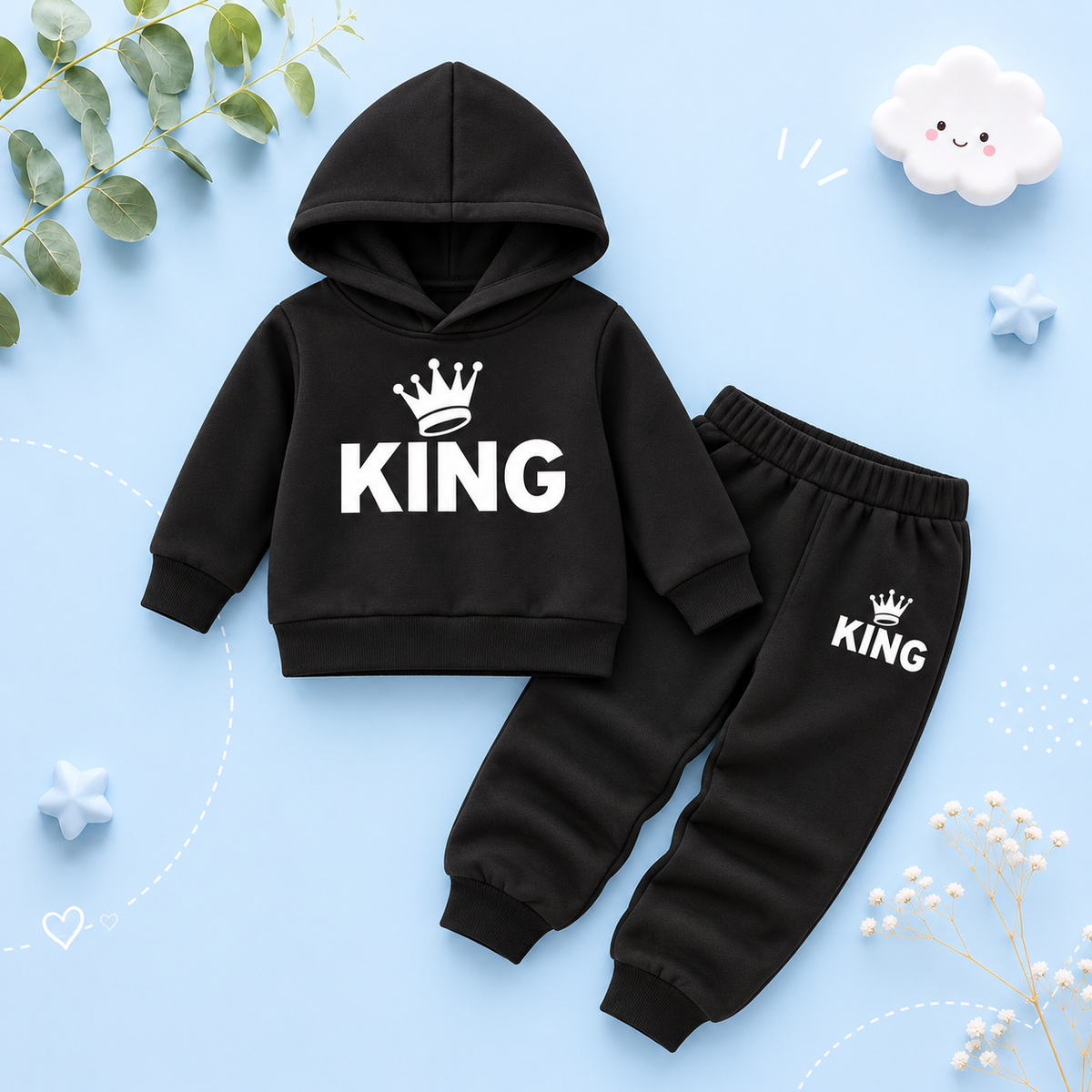 The Abram - Baby Boy 2-Piece Crown Print Hoodie and Pants Set