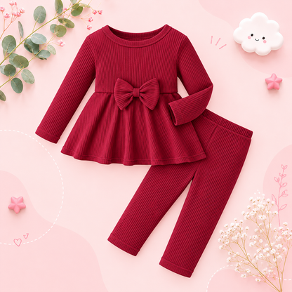 The Iliana - Girls' Wine Red Ribbed Knit Outfit Set with Big Bow – Korean-Style Toddler Girl Clothing