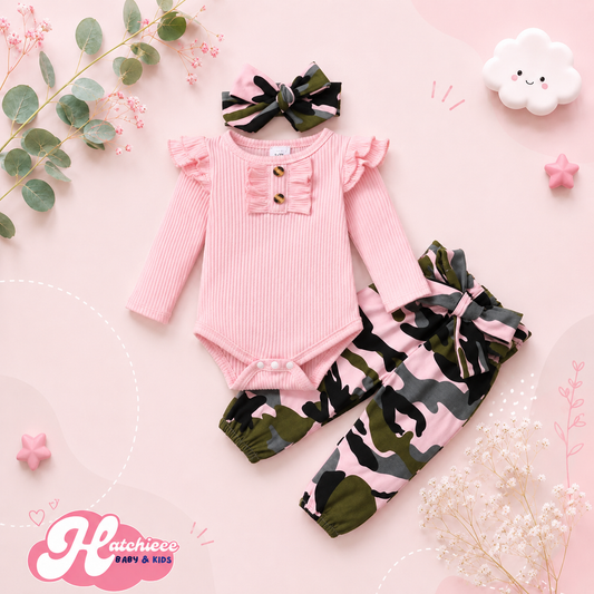 The Alva - Newborn Baby Girl Long Sleeve Bodysuit + Camo Pants + Headband 2PCS Cotton Set