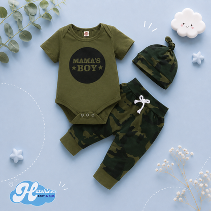 The Arbor - Mama's Boy Letter Print Bodysuit + Camouflage Pants