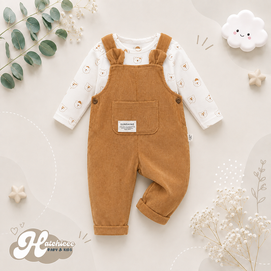 The Darcy - Baby Unisex Orange Bear Print Bodysuit with Overall Fashion