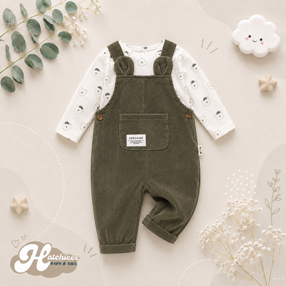 The Darcy - Baby Unisex Green Bear Print Bodysuit with Overall Fashion
