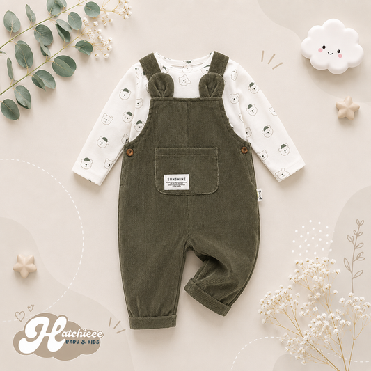 The Darcy - Baby Unisex Green Bear Print Bodysuit with Overall Fashion