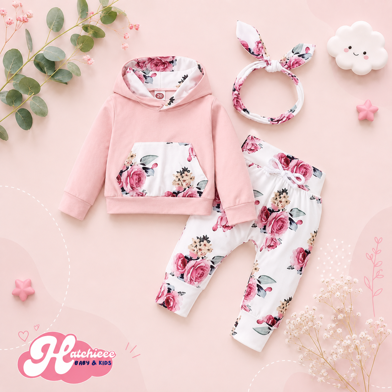 The Courtney - Toddler Baby Girl Floral Print Hooded Top Pant Set with Headband