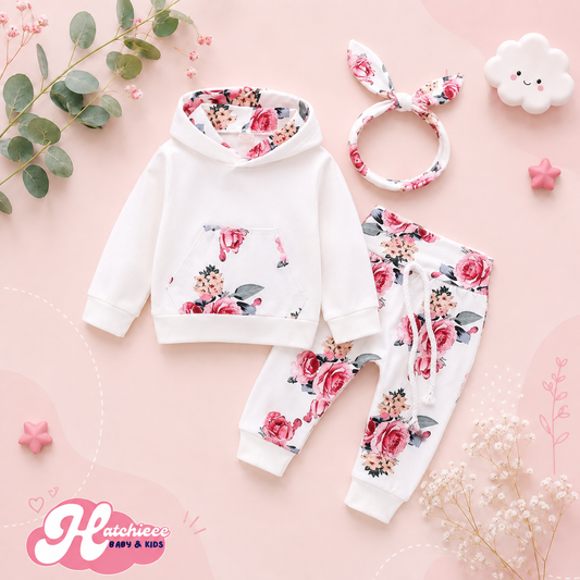 The Courtney - Toddler Baby Girl Floral Print Hooded Top Pant Set with Headband