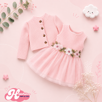 The Paisley - Baby Girl Pink Petal Suspender Coat  + Dress