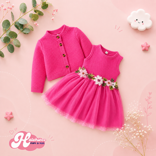 The Paisley - Baby Girl Pink Petal Suspender Coat  + Dress